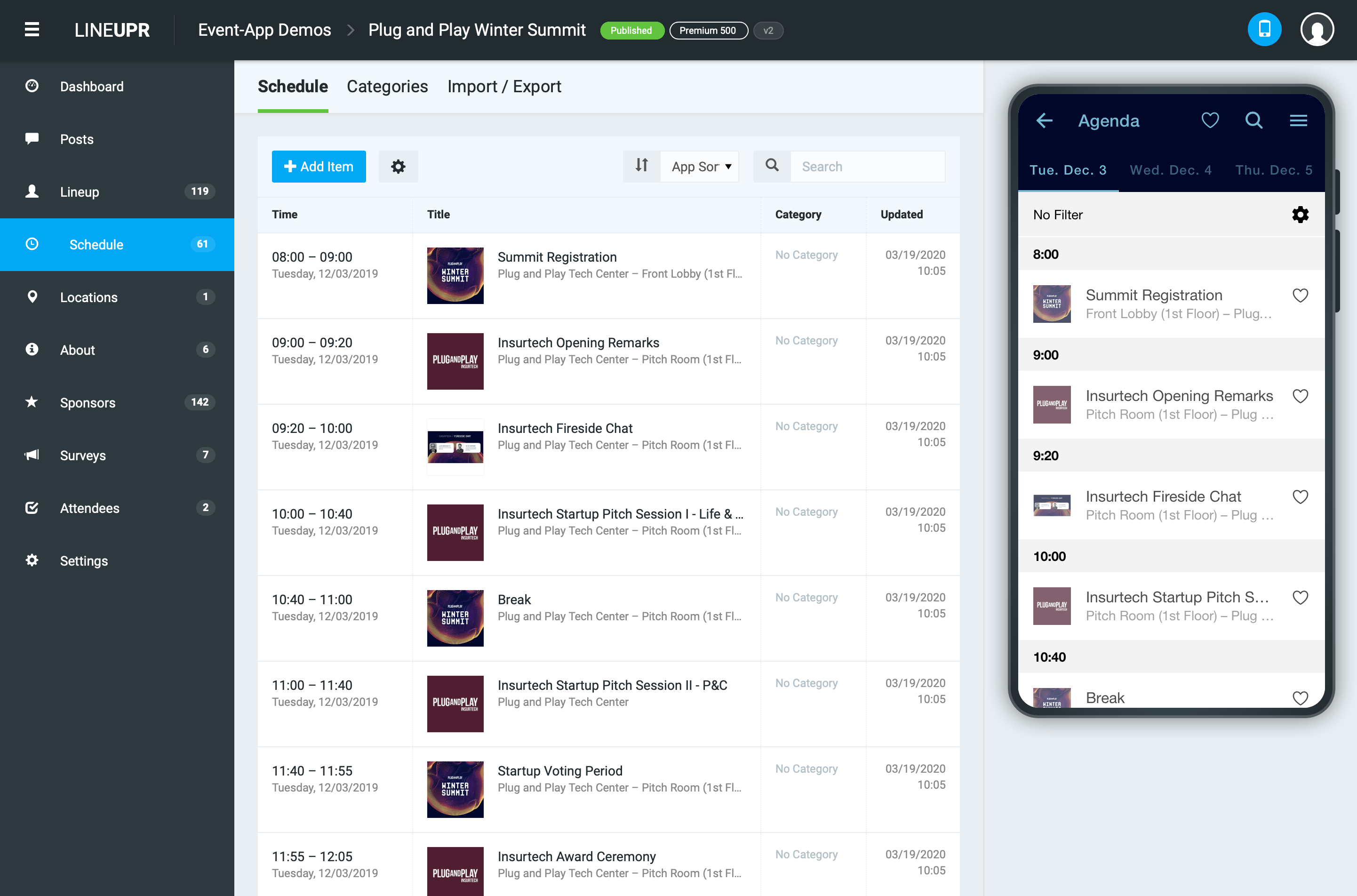 The LineUpr manager to handle and edit your event app