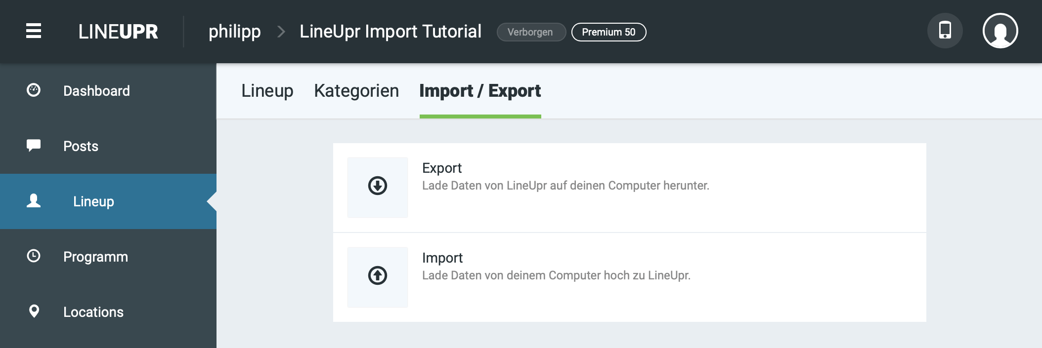Schaltfläche für Export-Funktion